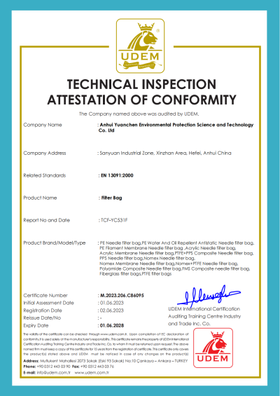Certificado CE: Saco de filtro